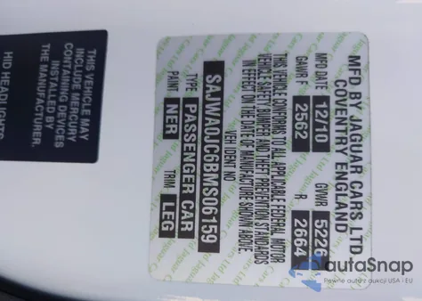 2011 Jaguar Xf Xfr из США, поврежденный, VIN SAJWA0JC6BMS06159